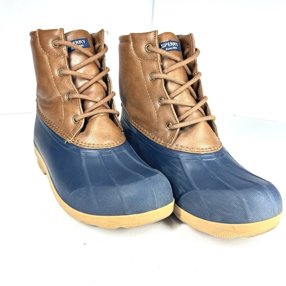 Sperry Port Boot Duck Boots Women's 6M Brown Leather Navy Rubber‎ Waterproof